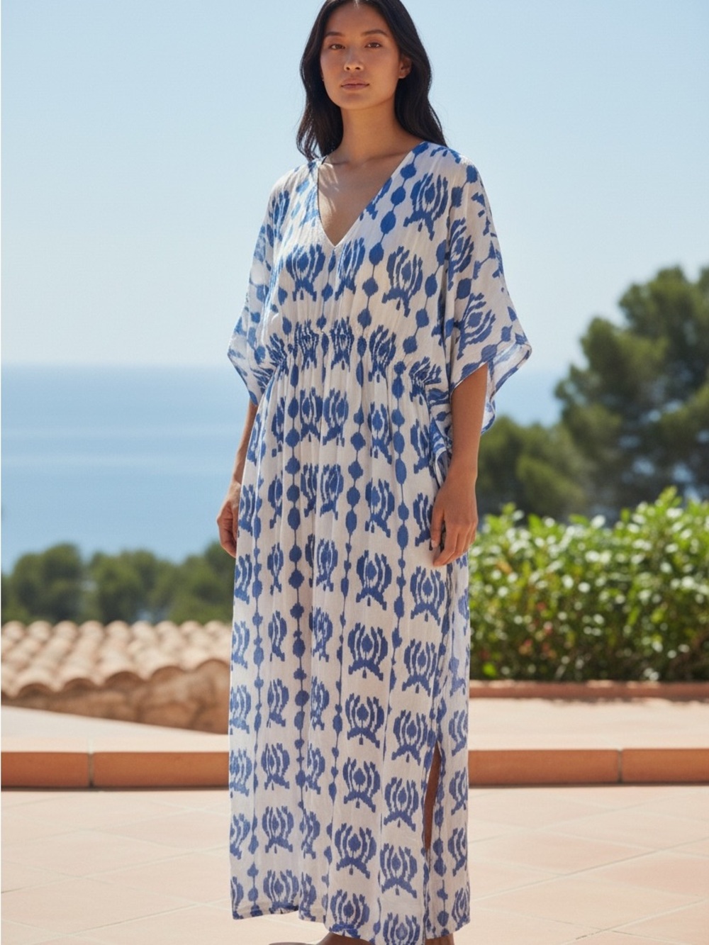 Cost Plus World Market Blue and White IV-Neck Swim Cover-Up Caftan SZ large xl